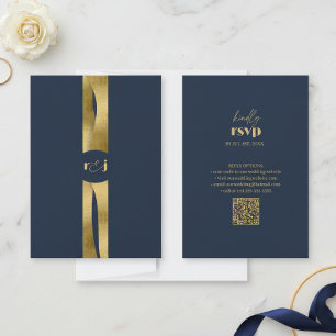 Sculptural Waves Wedding Navy Blue Gold ID1312 RSVP Card