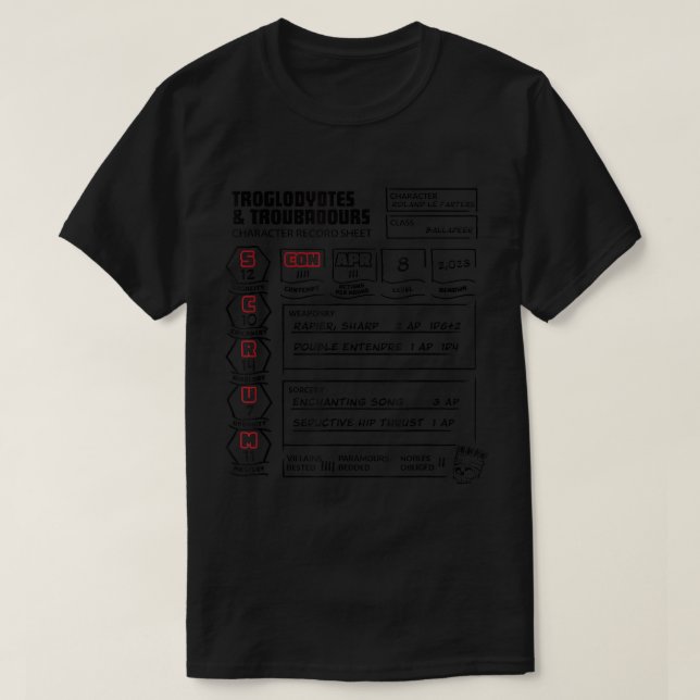 Scum Con Character Sheet T-Shirt (Design Front)