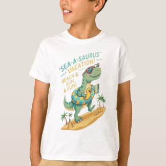 Sea-A-Saurus Dinosaur Surfing - Funny Kids Summer T-Shirt