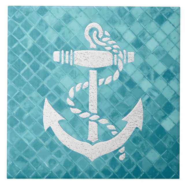 Sea Anchor on Aqua Sea Glass Pattern Ceramic Tile (Front)