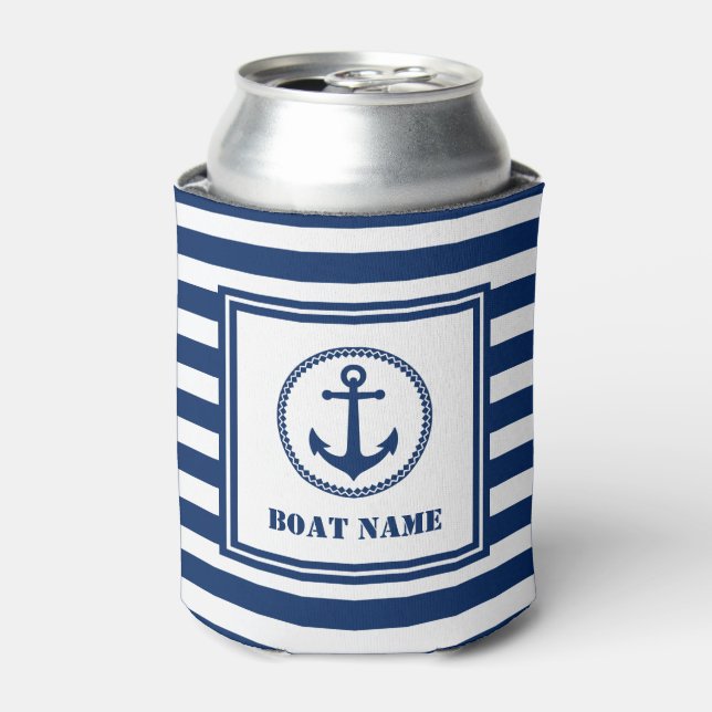 Sea Anchor Your Boat Name Blue and White Stripe Can Cooler (Can Front)