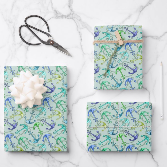 Sea Anchors And Rope Pattern Wrapping Paper Sheet (Front)