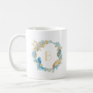 Sea and Beach Blue Gold Monogram Coffee Mug