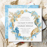 Sea and Beach Summer Wedding Invitation<br><div class="desc">Sea and Beach Blue Gold Summer Wedding Invitation featuring seahorses,  starfishes,  seashells and coral reefs. For more advanced customisation of this design,  Please click the "Customise” button above! Matching items are also available.</div>