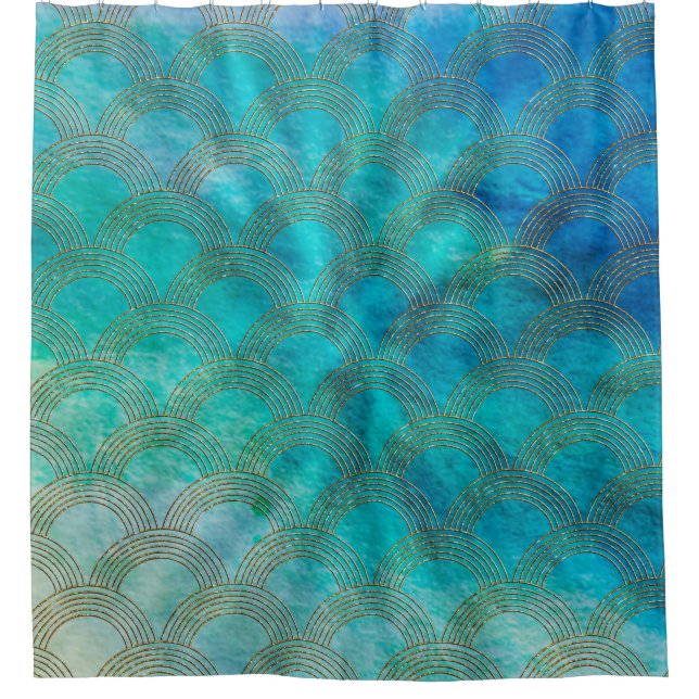 Sea and Mermaid Scales in aqua and gold Shower Curtain (Front)
