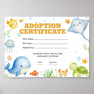 Sea animals adopt a pet colouring certificate poster