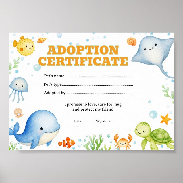 Sea animals adopt a pet colouring certificate poster (Front)