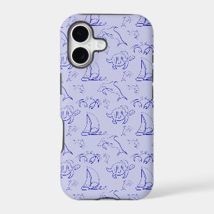 Sea animals and sailboat one line drawing pattern