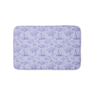 Sea animals and sailboat one line drawing pattern bath mat