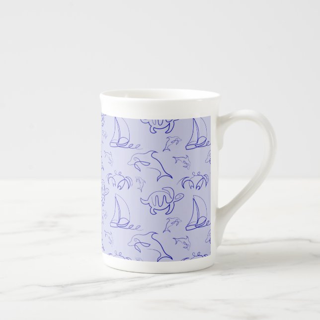 Sea animals and sailboat one line drawing pattern  bone china mug (Right)