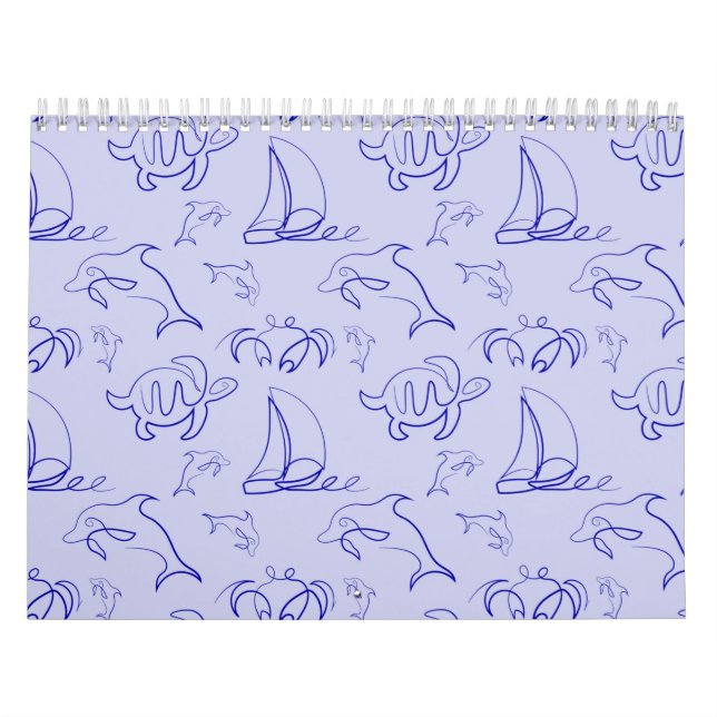 Sea animals and sailboat one line drawing pattern  calendar (Cover)