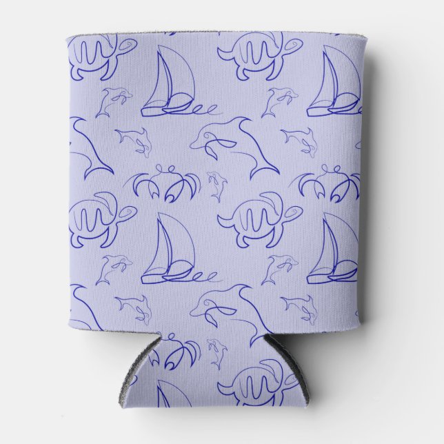 Sea animals and sailboat one line drawing pattern  can cooler (Front)