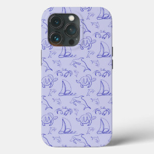 Sea animals and sailboat one line drawing pattern iPhone 13 pro case