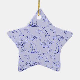 Sea animals and sailboat one line drawing pattern  ceramic ornament