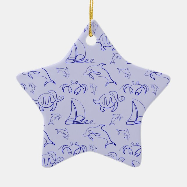 Sea animals and sailboat one line drawing pattern  ceramic ornament (Front)