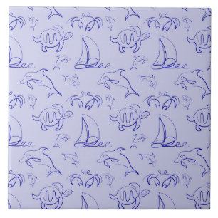 Sea animals and sailboat one line drawing pattern ceramic tile