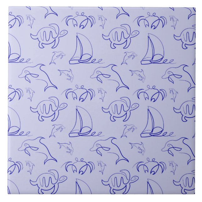 Sea animals and sailboat one line drawing pattern  ceramic tile (Front)