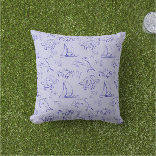 Sea animals and sailboat one line drawing pattern cushion