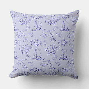 Sea animals and sailboat one line drawing pattern cushion