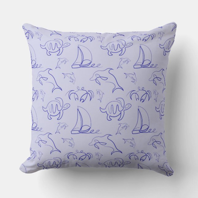 Sea animals and sailboat one line drawing pattern  cushion (Front)