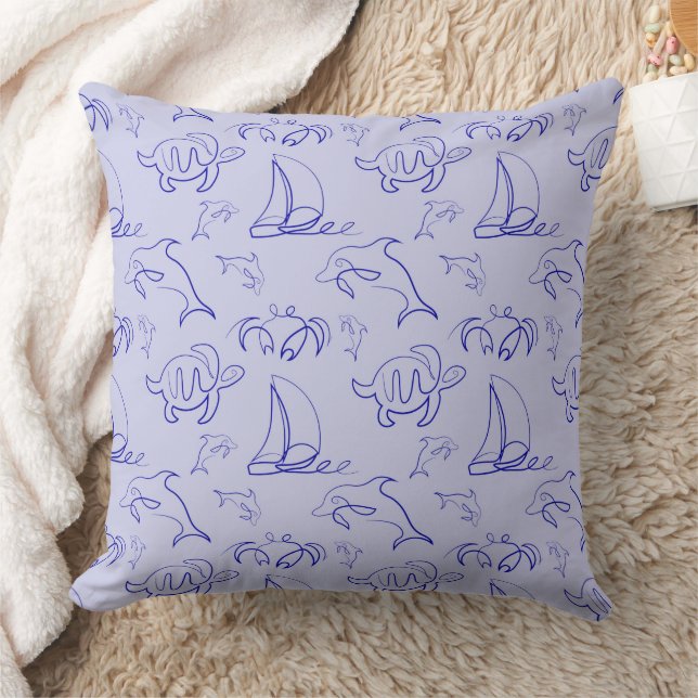 Sea animals and sailboat one line drawing pattern  cushion (Blanket)