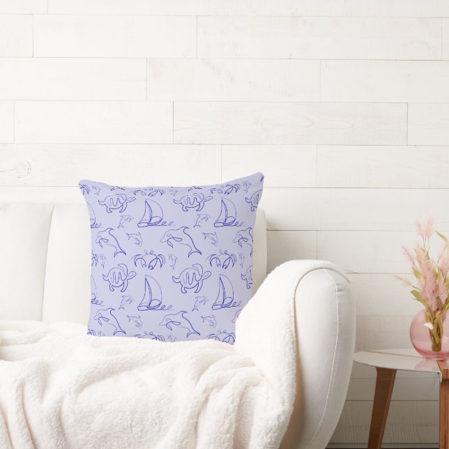 Sea animals and sailboat one line drawing pattern  cushion (Couch)