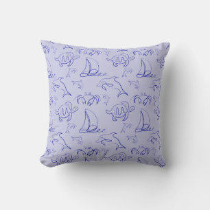 Sea animals and sailboat one line drawing pattern cushion