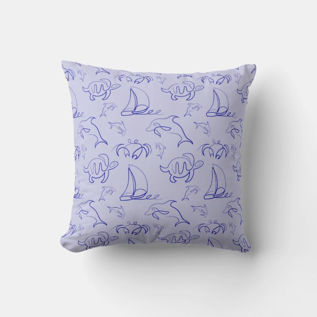 Sea animals and sailboat one line drawing pattern  cushion (Front)
