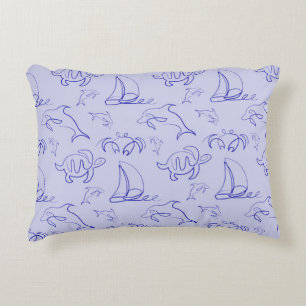 Sea animals and sailboat one line drawing pattern  decorative cushion