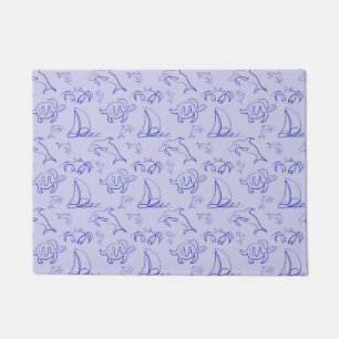 Sea animals and sailboat one line drawing pattern doormat