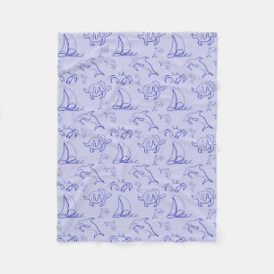 Sea animals and sailboat one line drawing pattern fleece blanket