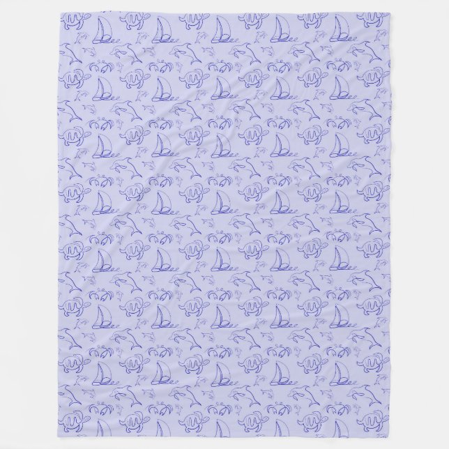 Sea animals and sailboat one line drawing pattern  fleece blanket (Front)