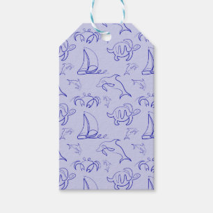 Sea animals and sailboat one line drawing pattern gift tags