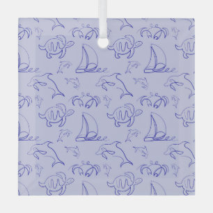 Sea animals and sailboat one line drawing pattern glass tree decoration