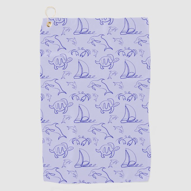 Sea animals and sailboat one line drawing pattern  golf towel (Front)