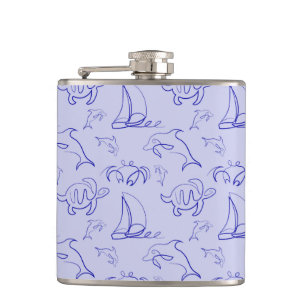 Sea animals and sailboat one line drawing pattern hip flask