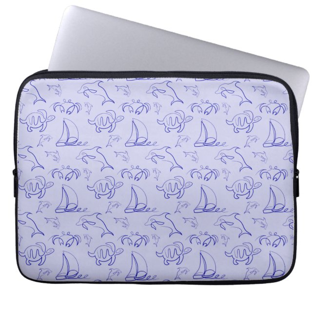 Sea animals and sailboat one line drawing pattern  laptop sleeve (Front)