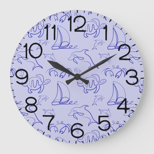 Sea animals and sailboat one line drawing pattern  large clock (Front)