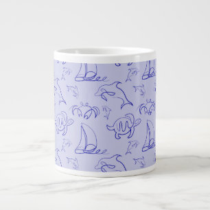 Sea animals and sailboat one line drawing pattern large coffee mug