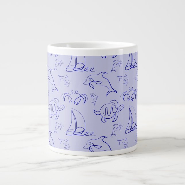 Sea animals and sailboat one line drawing pattern  large coffee mug (Front)