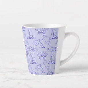 Sea animals and sailboat one line drawing pattern  latte mug