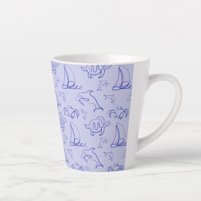 Sea animals and sailboat one line drawing pattern  latte mug (Right)