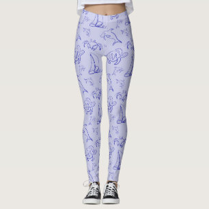 Sea animals and sailboat one line drawing pattern  leggings