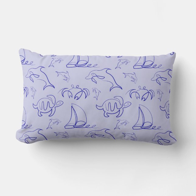 Sea animals and sailboat one line drawing pattern  lumbar cushion (Front)