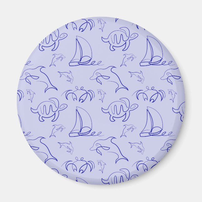 Sea animals and sailboat one line drawing pattern magnet (Front)