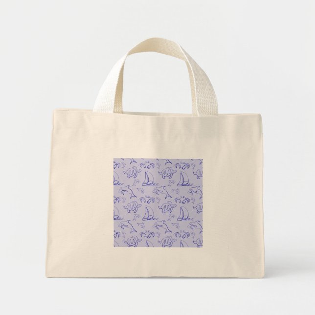 Sea animals and sailboat one line drawing pattern  mini tote bag (Front)