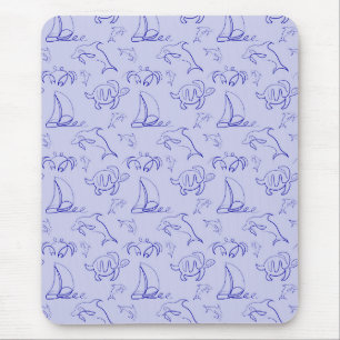 Sea animals and sailboat one line drawing pattern  mouse pad
