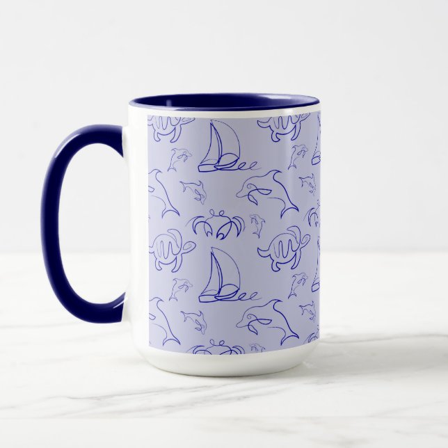 Sea animals and sailboat one line drawing pattern  mug (Left)