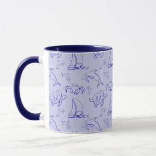 Sea animals and sailboat one line drawing pattern mug