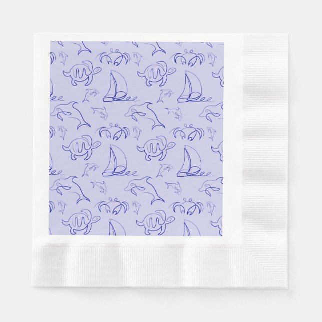 Sea animals and sailboat one line drawing pattern  napkin (Front)